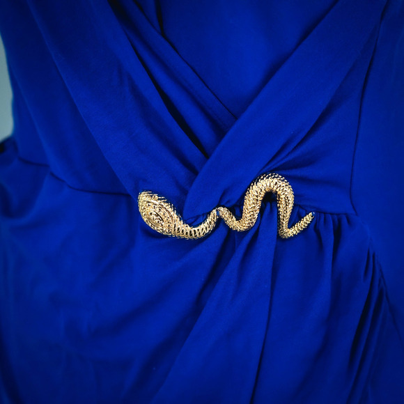 Cache Size Large L Royal Blue Gold Metal Snake Wrap V Neck Short Sleeve Dress - Picture 2 of 7